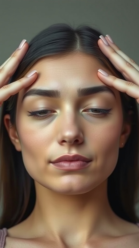 A woman performing a brow-lifting yoga move, pressing her fingers on her forehead.