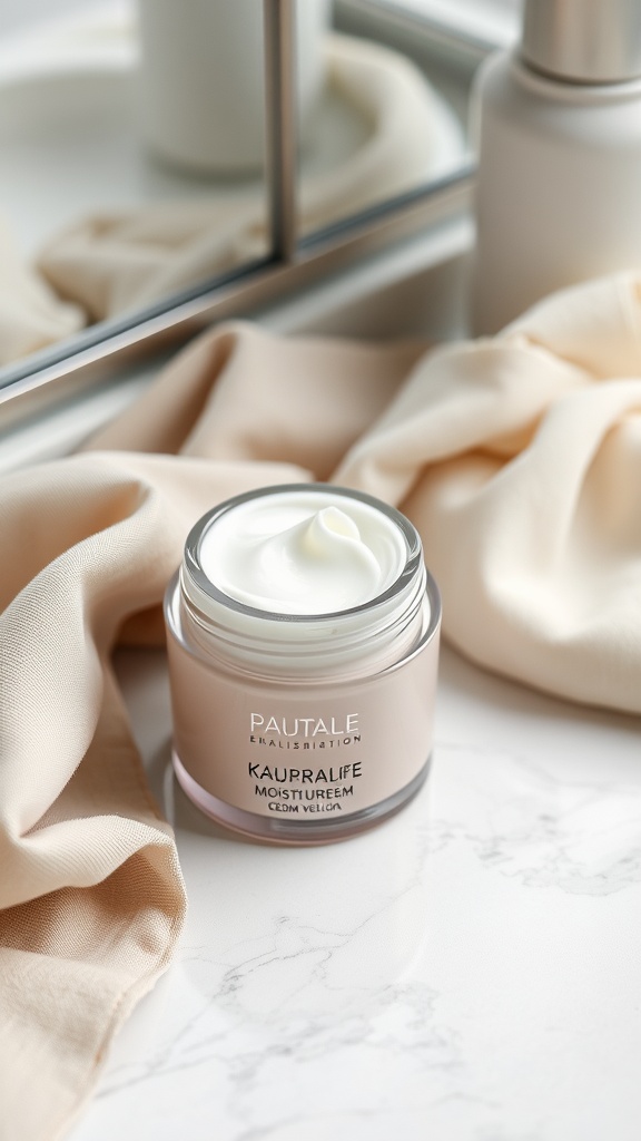 A jar of lightweight moisturizer on a marble surface with a soft cloth, symbolizing a simple morning skincare routine.