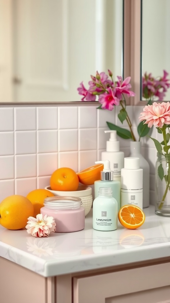 A bright bathroom countertop with lightweight moisturizers, oranges, and flowers, representing skincare for oily skin.