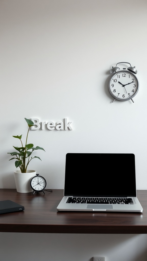 A minimalist workspace featuring a laptop, a clock, a plant, and the word 'Break' on the wall.