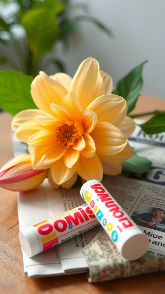 Two colorful lip balm tubes beside a yellow flower and newspapers on a wooden table.