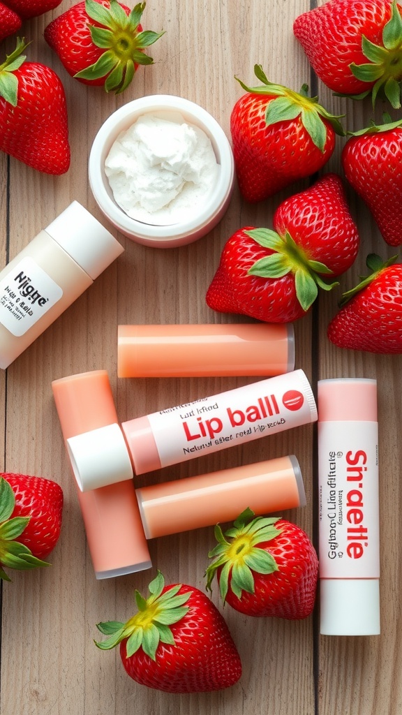 Various lip balms and a lip scrub next to fresh strawberries on a wooden surface