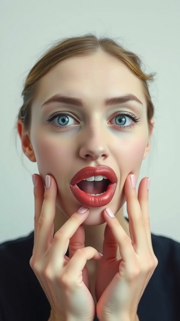 A young person demonstrating a lip enhancer exercise by forming an 'O' shape with their mouth and using their fingers for resistance.