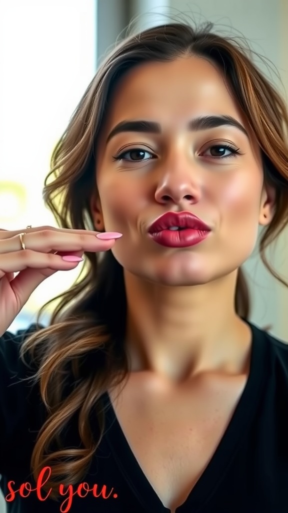Woman demonstrating lip firming yoga technique