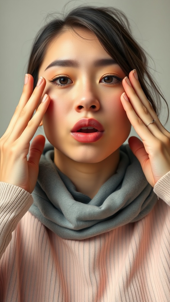 A young person with a neutral expression, gently touching their face with both hands while wearing a cozy sweater and scarf.