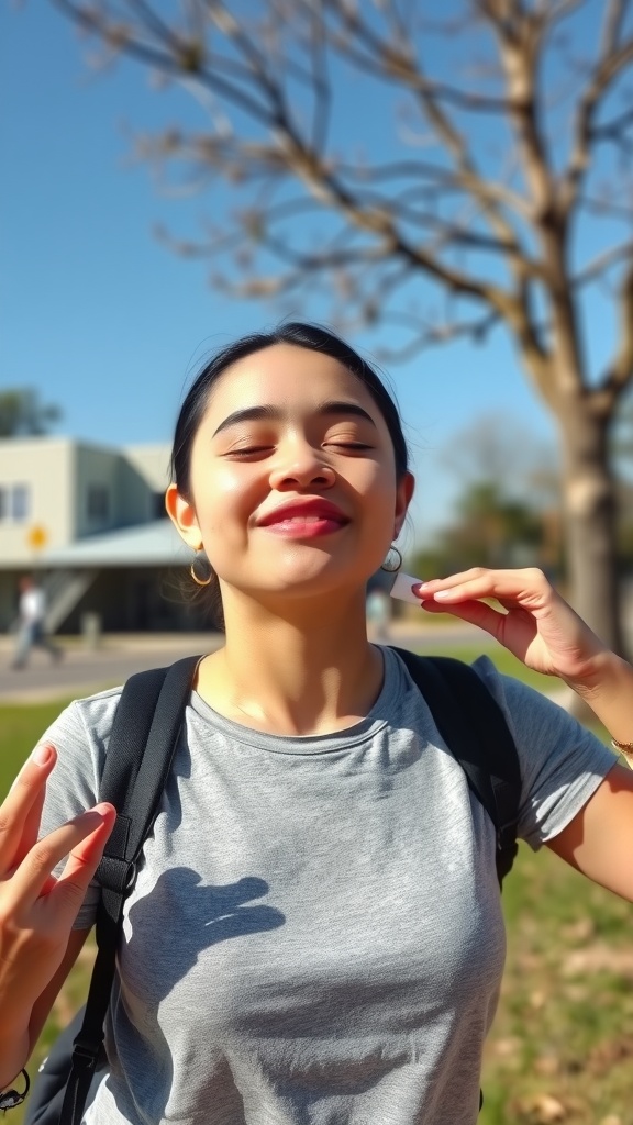 A person practicing facial yoga outdoors, looking relaxed and smiling.
