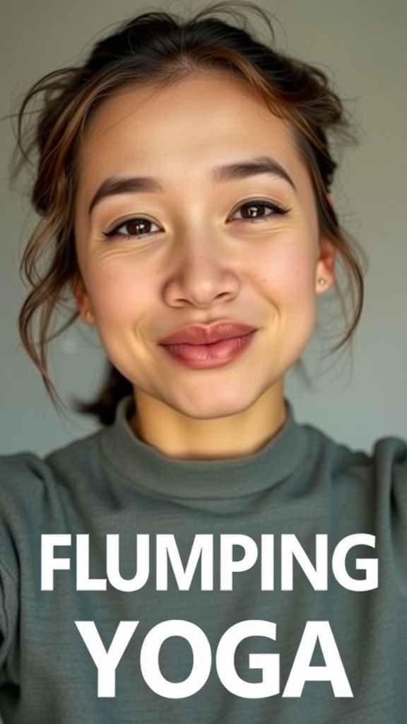 A smiling person demonstrating the Lip Plumper Exercise, with the words 'FLUMPING YOGA' prominently displayed.