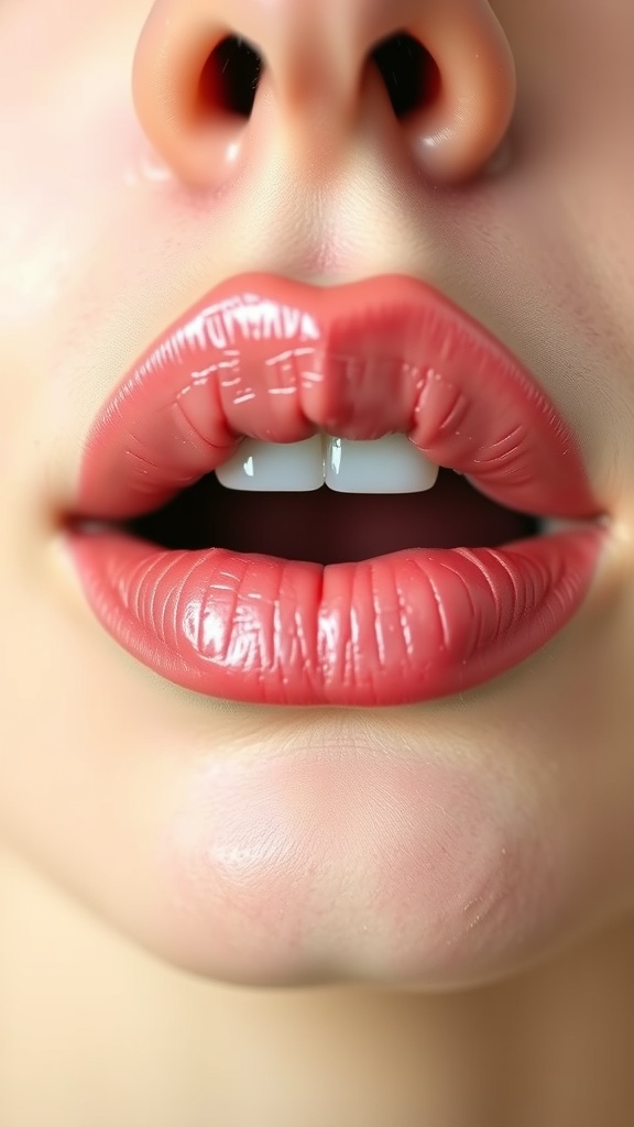 Close-up of a person's lips, showcasing fullness and a glossy appearance.