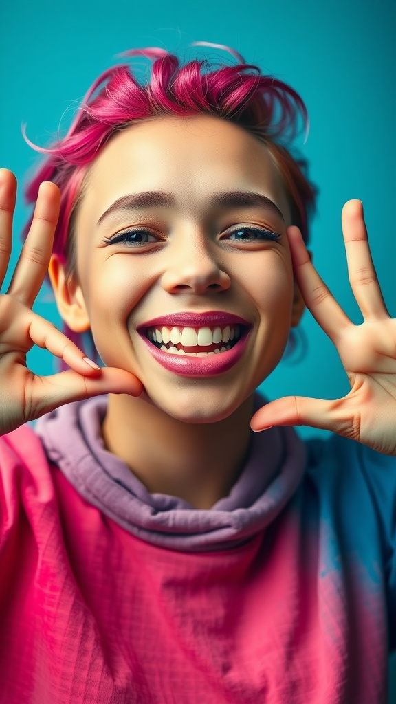 A person with pink hair smiling and showing a lip plumping gesture with hands.