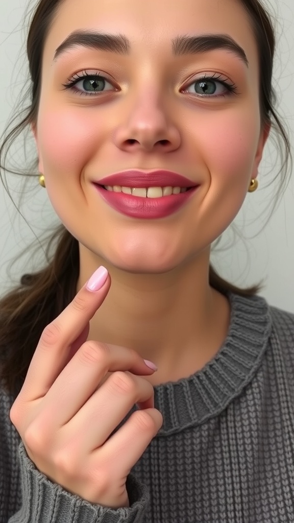 A woman demonstrating the lip plumping gesture with a smile, pointing to her lips.