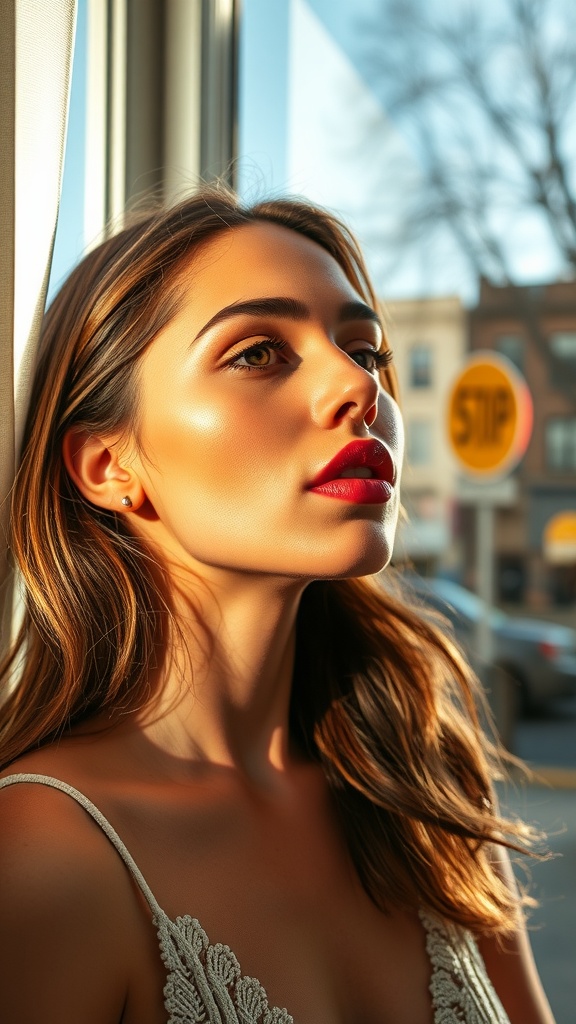 A woman with glowing skin and plump red lips, illuminated by natural light.