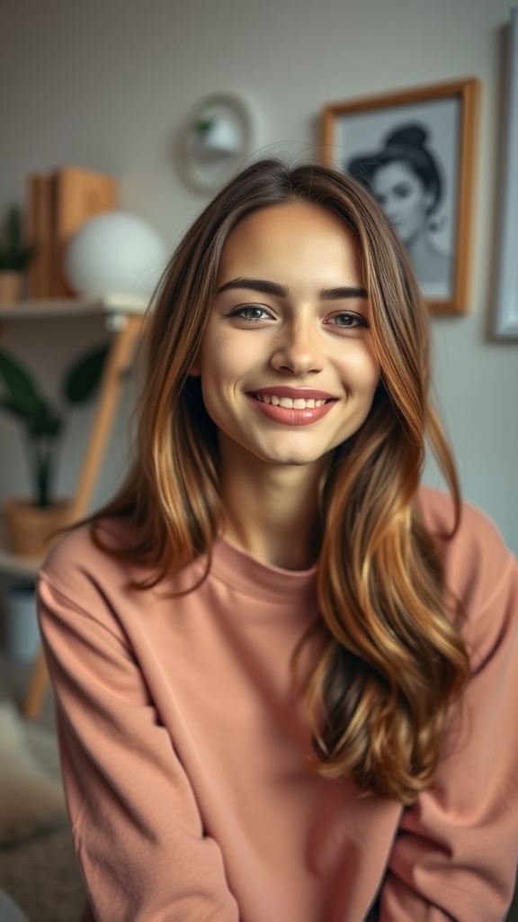 A smiling woman with long hair, showcasing her natural lips in a cozy indoor setting.