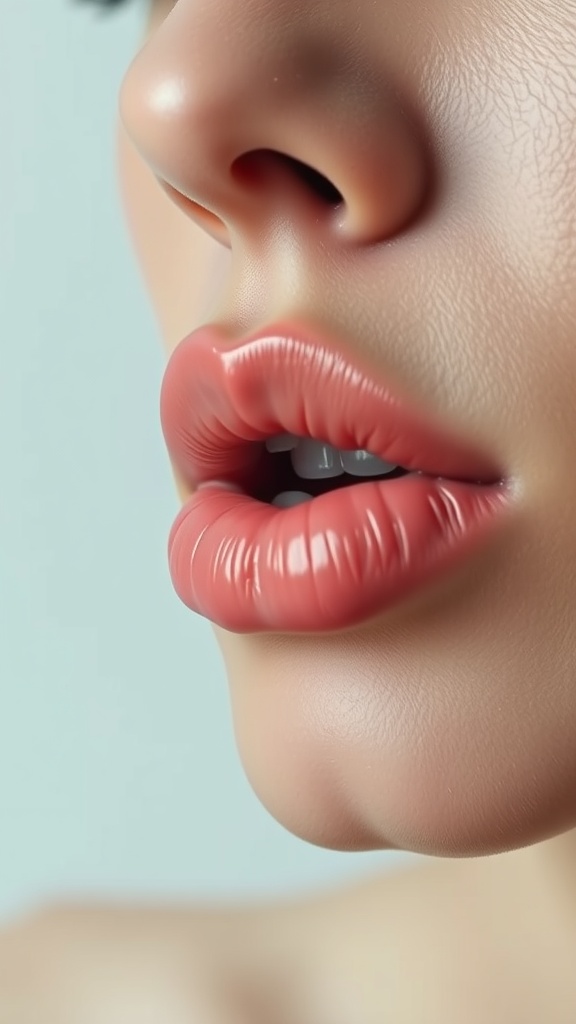 Close-up of a person's lips, showcasing a pouty and glossy appearance.