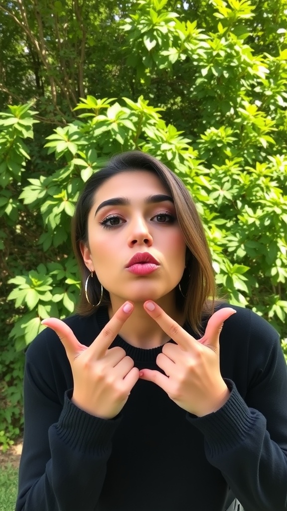 A woman demonstrating the lip pucker exercise for lip enhancement.