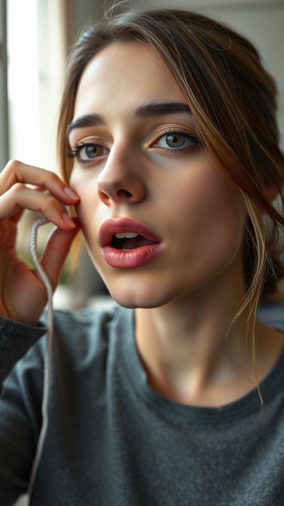 A young woman demonstrating lip pulls to strengthen her jawline.