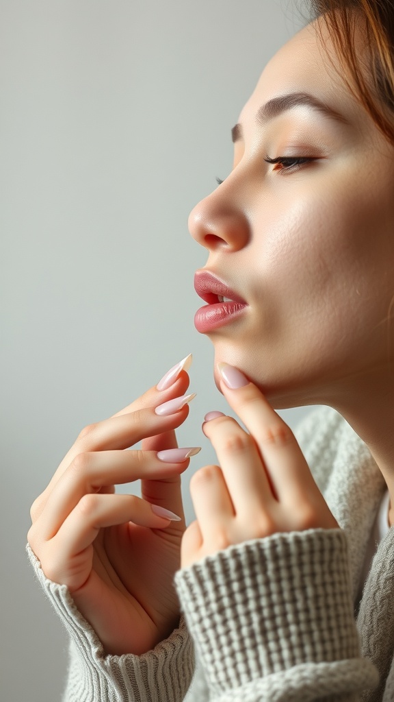 A person practicing lip pursing and releasing face yoga, gently holding their chin with fingers.