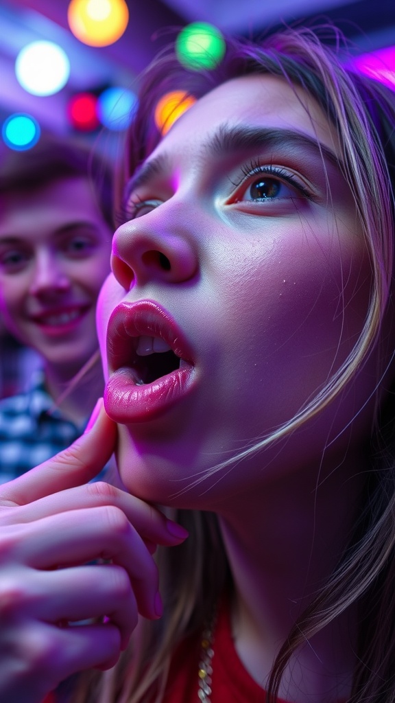 Close-up of a person with vibrant and shiny lips in a colorful setting