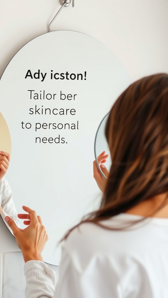 A person in front of a mirror inspecting their skin, with a message about tailoring skincare to personal needs reflected.