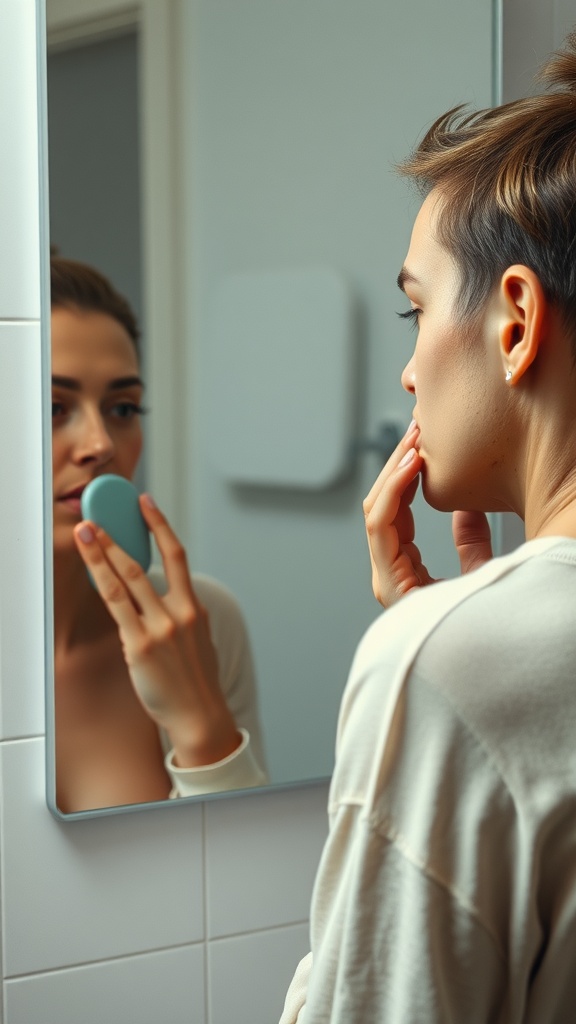 A person examining their skin in the mirror while holding a skincare tool.