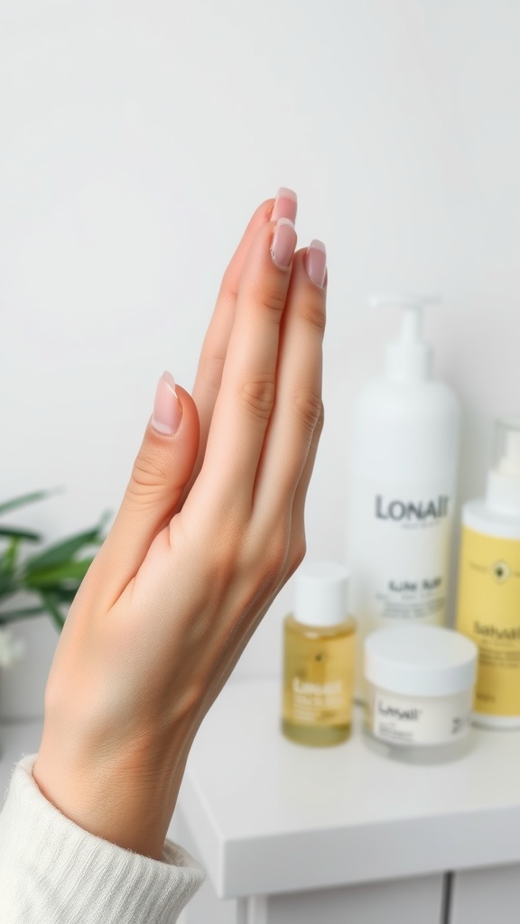 A hand showing signs of skincare attention with several skincare bottles in the background.