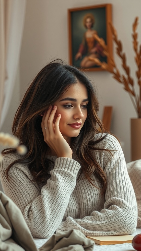 A woman in a cozy sweater, reflecting thoughtfully in a warm, inviting room.