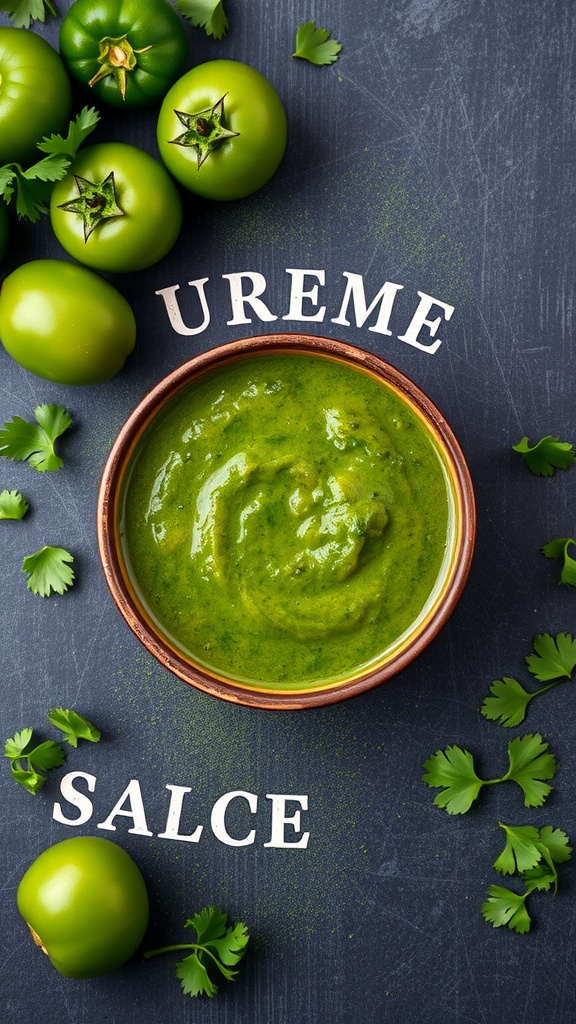A bowl of vibrant green salsa verde surrounded by fresh tomatillos and cilantro.