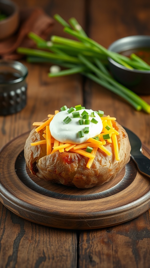 A loaded baked potato topped with cheese, sour cream, and green onions on a wooden plate.