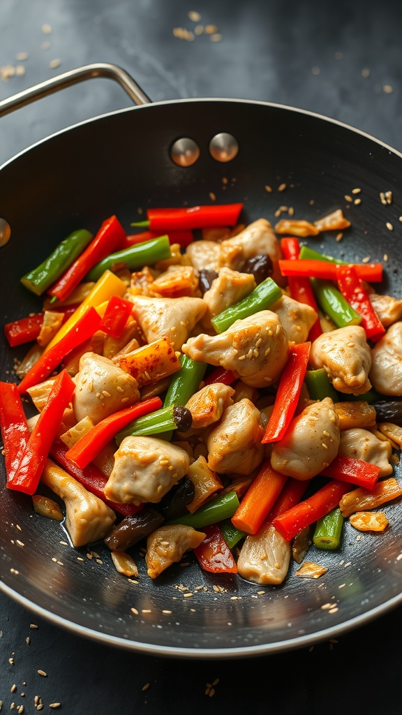 A colorful stir-fry dish with chicken and various vegetables in a black skillet.
