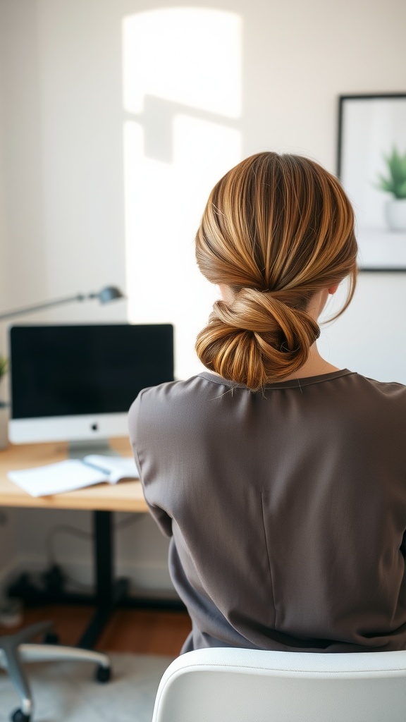 A woman with a low chignon hairstyle, sitting at a desk in a stylish and bright workspace.