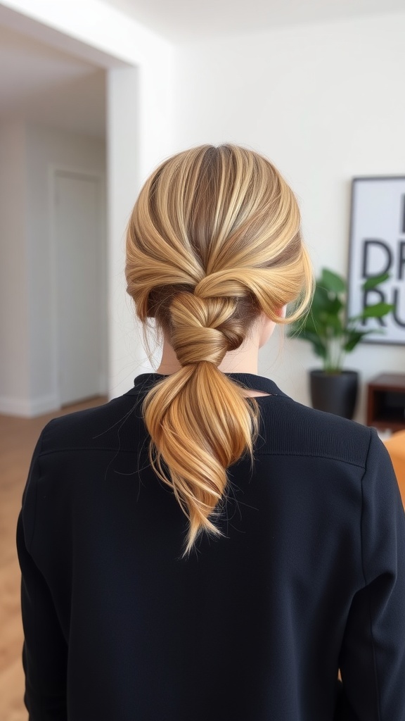 A woman with a low ponytail hairstyle showing volume at the crown.