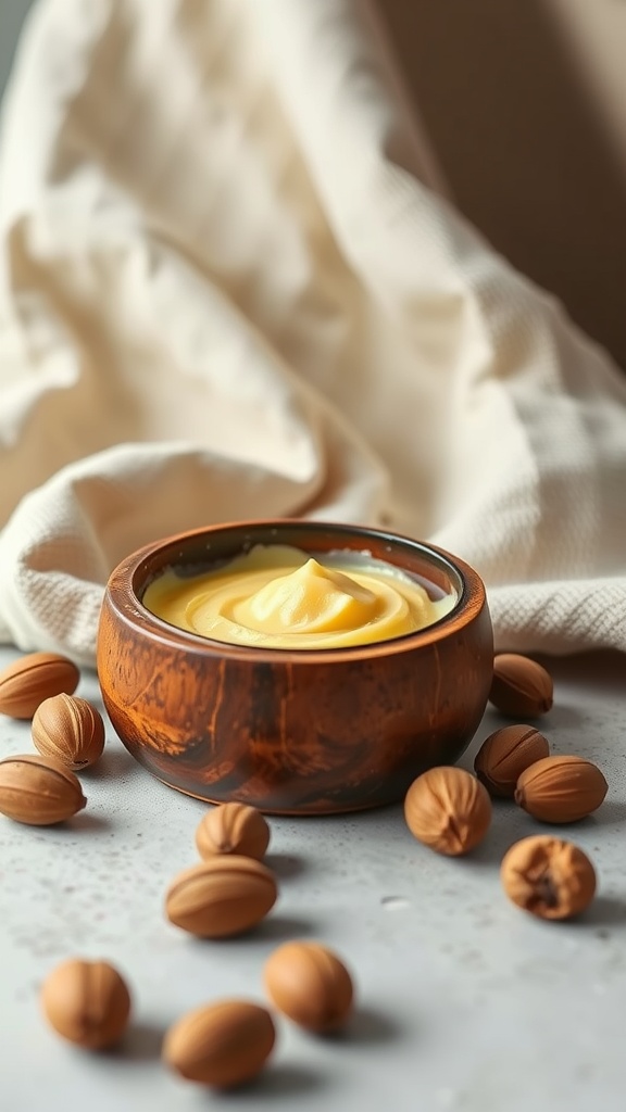 A wooden bowl filled with creamy yellow shea butter body balm surrounded by whole shea nuts on a countertop.