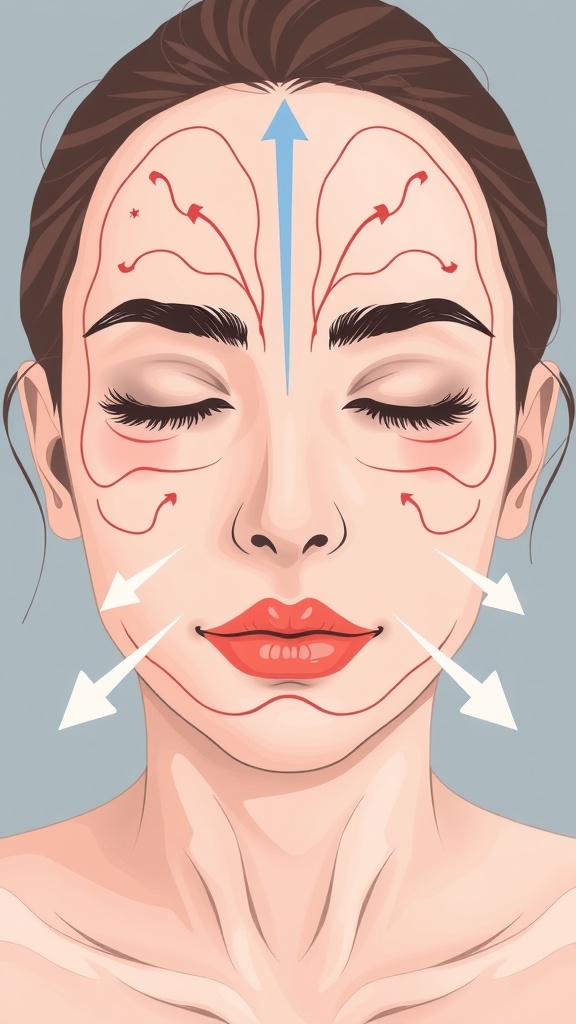 Illustration of facial yoga moves focusing on lymphatic drainage with directional arrows.