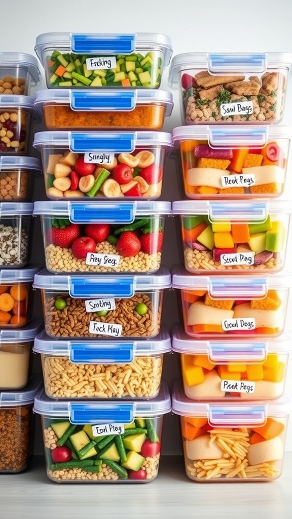 Organized containers filled with colorful fruits, vegetables, and meal components for healthy meal prep.