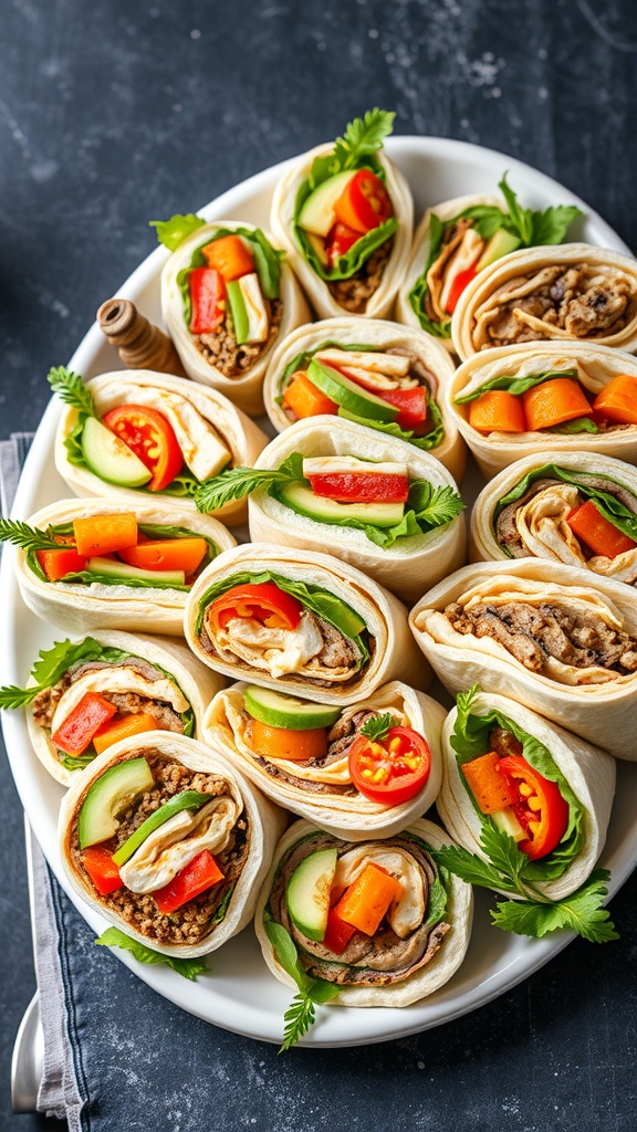 A platter of colorful sandwiches and wraps filled with fresh vegetables and proteins.