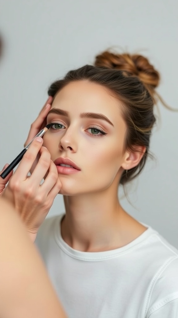 A makeup artist applying eyeliner to a model's eyes, showcasing natural makeup techniques.