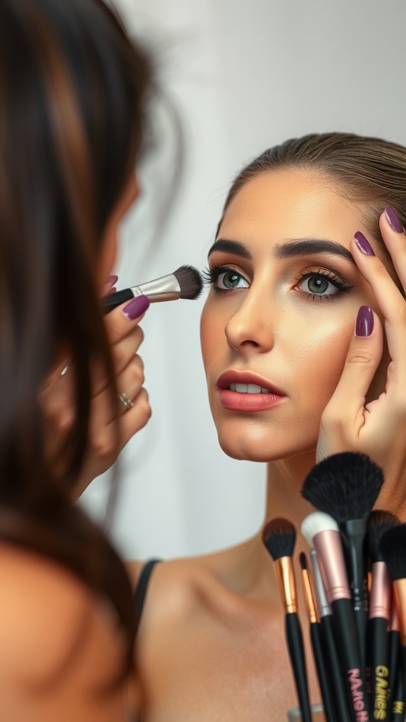 A woman applying makeup in front of a mirror, showcasing a makeup brush and various tools.