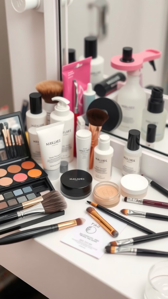 A variety of skincare and makeup products displayed on a vanity, including brushes, foundations, and skincare items.