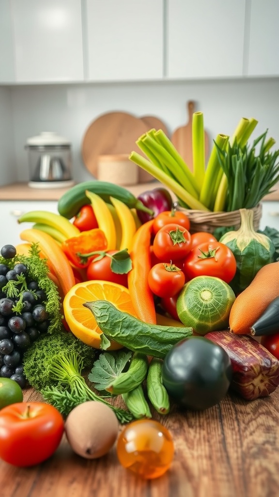 A vibrant display of fresh fruits and vegetables on a wooden table, featuring tomatoes, bananas, oranges, and leafy greens.