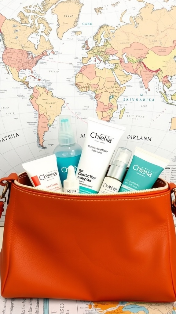 An orange bag filled with various skincare products on a world map background.