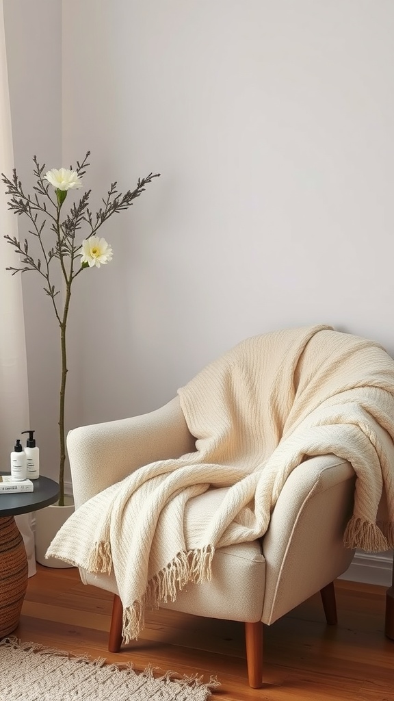 Cozy chair with a blanket and skincare products beside a plant