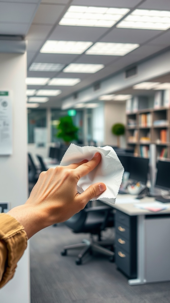 A hand holding blotting paper in a clean office setting.