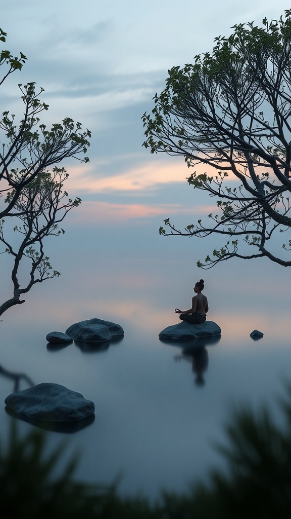 A person meditating on rocks by a calm body of water during sunset.