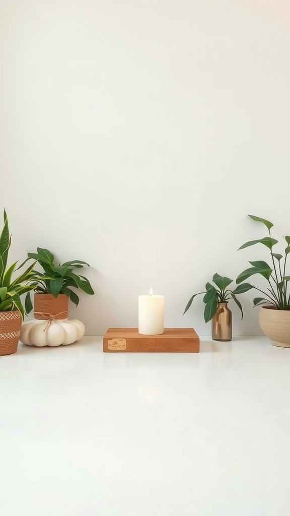 A serene setting with a lit candle and green plants on a table.