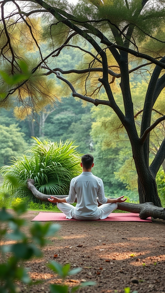 A person meditating in a serene outdoor setting surrounded by trees and greenery.