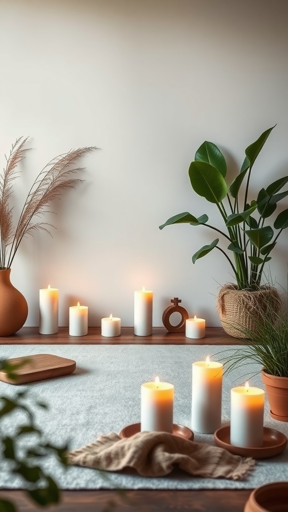 A serene indoor setting with candles and plants, creating a calming atmosphere.