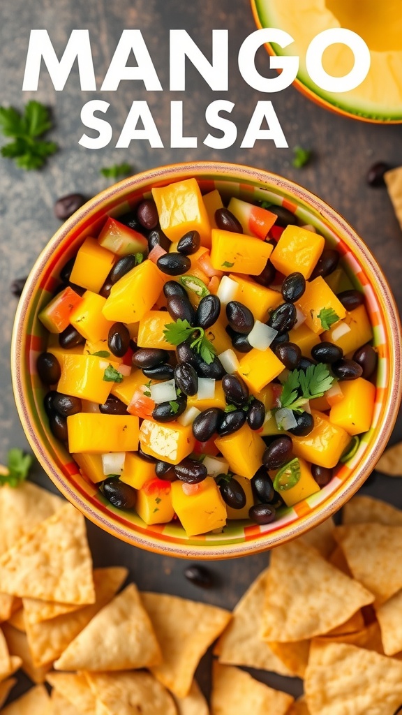 Bowl of mango and black bean salsa with tortilla chips
