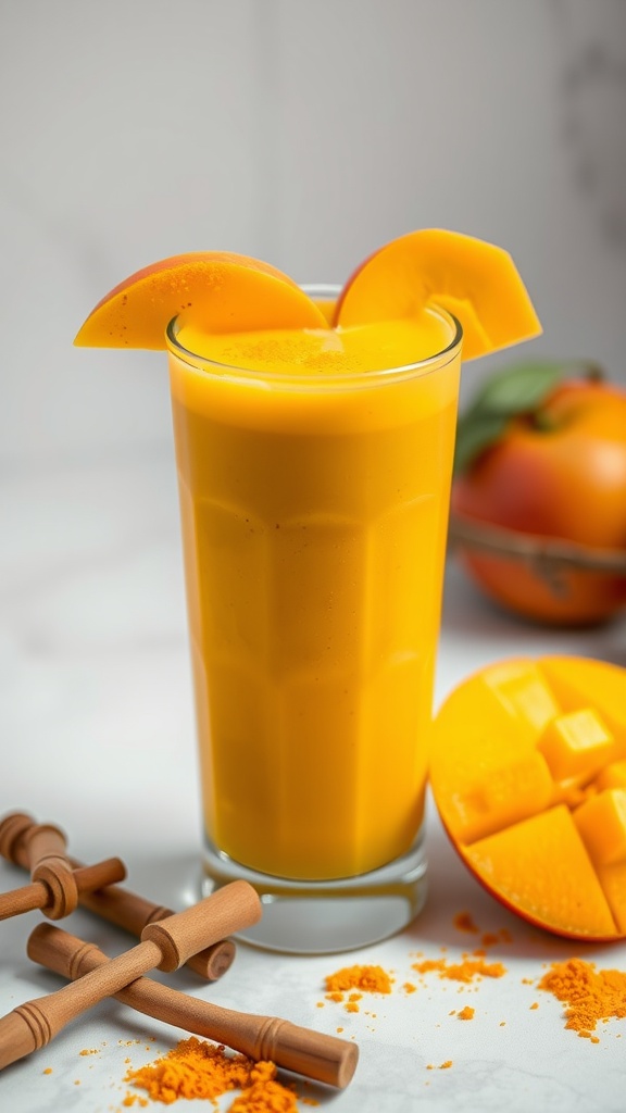 A vibrant mango and turmeric smoothie served in a tall glass, garnished with mango slices.