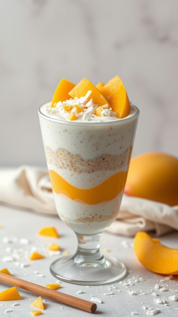 A Mango Coconut Chia Parfait in a glass, layered with chia seeds, mango, and topped with shredded coconut.