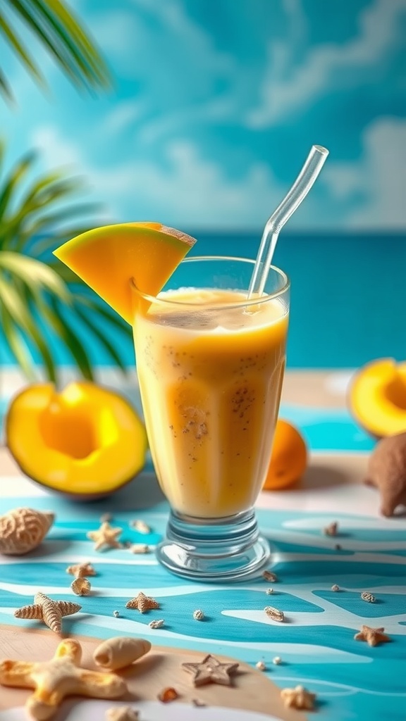 A refreshing mango coconut smoothie served in a glass with a slice of mango on the rim.