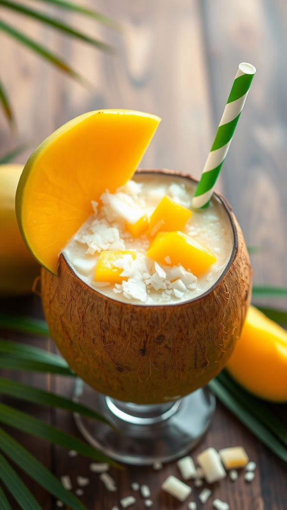 A refreshing mango coconut smoothie in a coconut shell with a straw, garnished with mango slices.